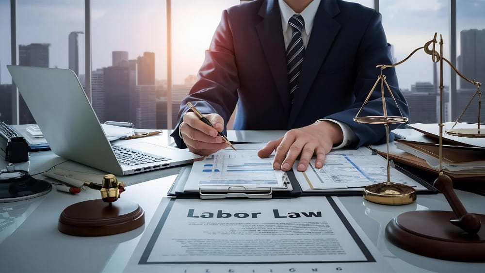Un avocat en droit du travail à son bureau, signant des documents professionnels et utilisant un ordinateur portable, avec une balance de justice et une vue sur les gratte-ciel en arrière-plan
