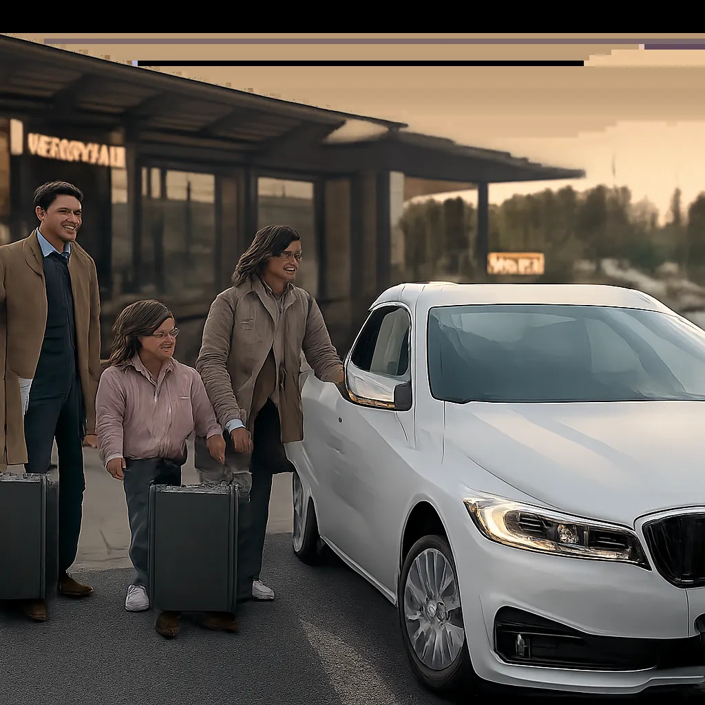 Illustration d’un taxi local à Chessy, devant une zone de prise en charge officielle, avec une famille prête à partir. L’image évoque un retour serein vers la gare, l’hôtel ou l’aéroport.